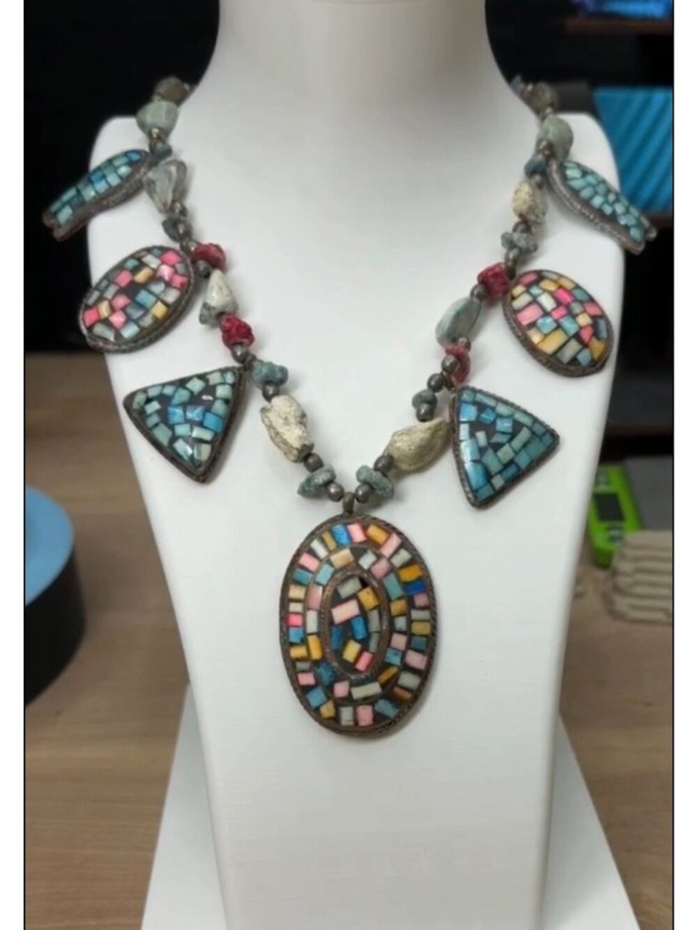Southwestern Style Mosaic Necklace Geometric Shapes Natural Stone Statement Gift